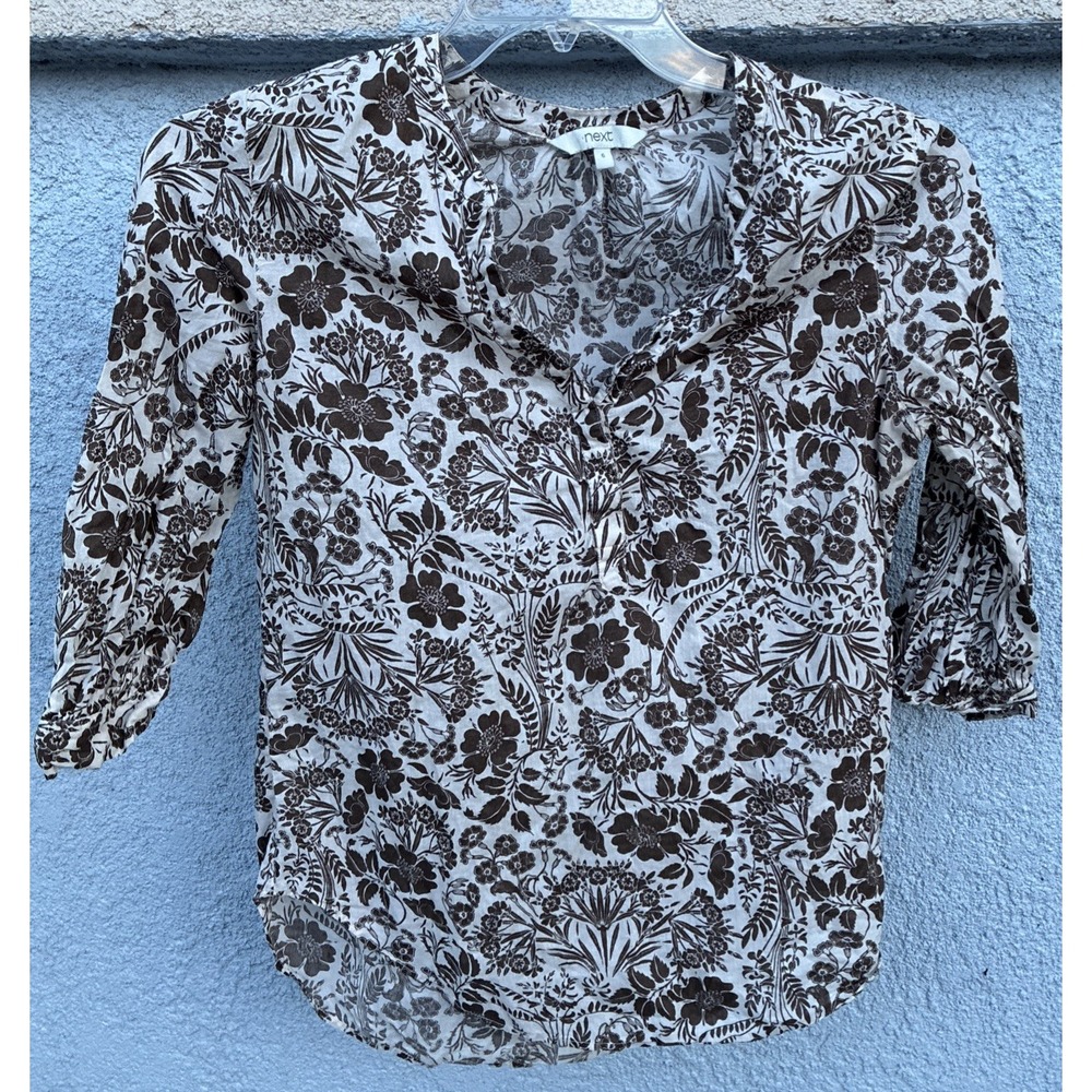 Next-Brown Cotton Floral Peasant Boho Blouse V Neck 3/4 Sleeve Sz 6 EUC